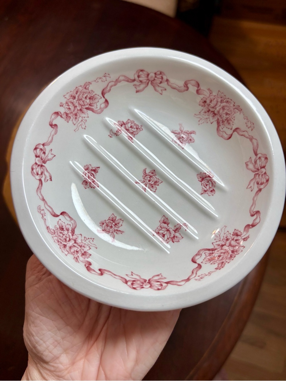 Vintage Laura Ashley Ribbons Pink porcelain soap dish red and pink floral